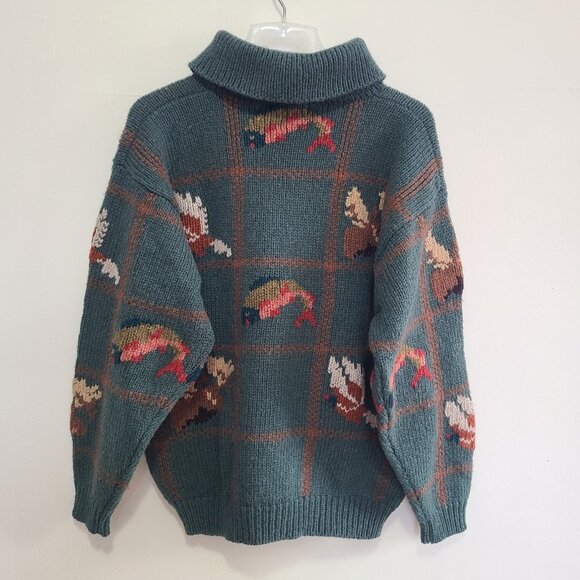 Vintage L.L.Bean 90s Animal Pattern Half-Zip Sweater Knit Size L Green - Picture 2 of 9